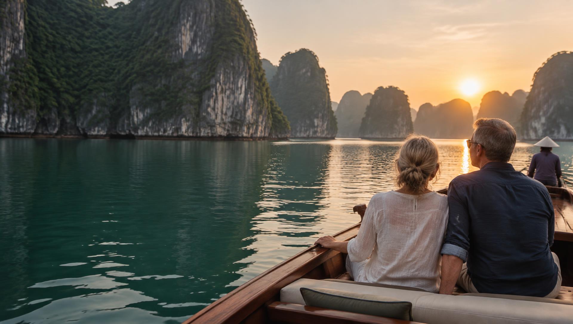 A couple sharing a quiet sunrise boat journey among the limestone karsts of Lan Ha Bay