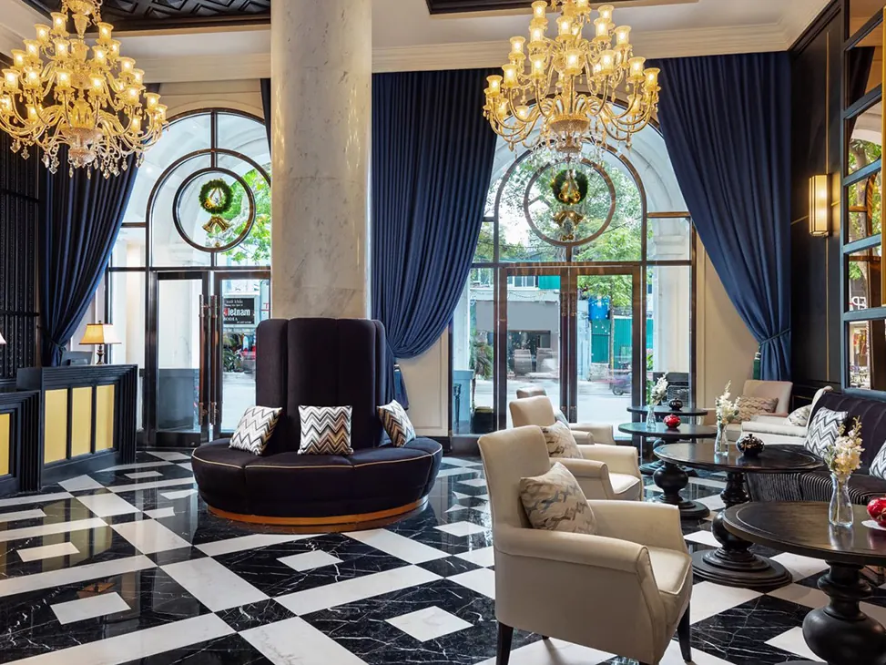 Grand lobby and arched entrance of Aira Boutique Hotel, Hanoi